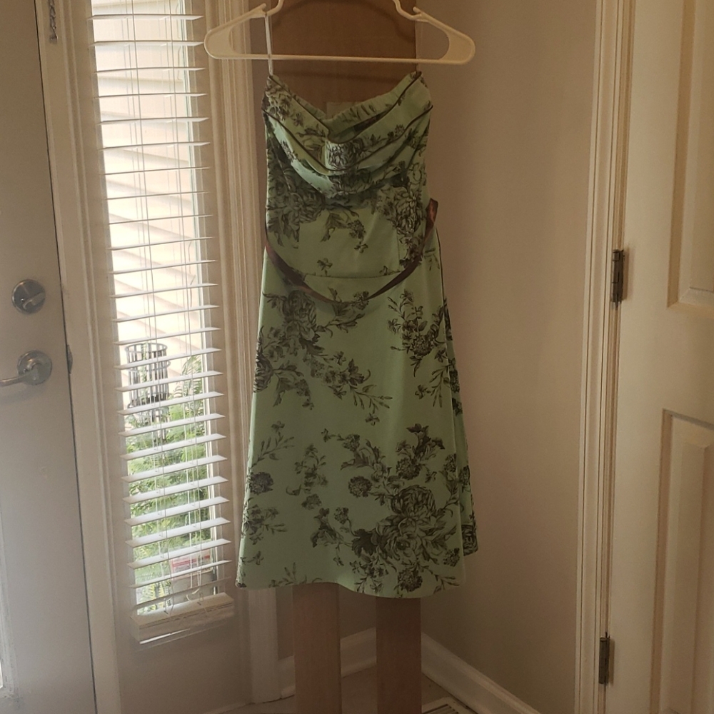 Strapless brown and teal dress flower print